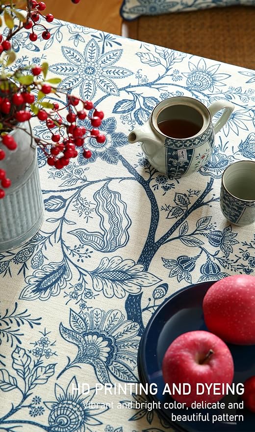 ISAENNE Designer French Linen Small Square Tablecloth,Blue Floral Washable Indoor Table Cloth,Durable Home Decor Tablecloths for Dining Thanksgiving Kitchen Tea Party Christmas,55"*55"-Ruyi B
