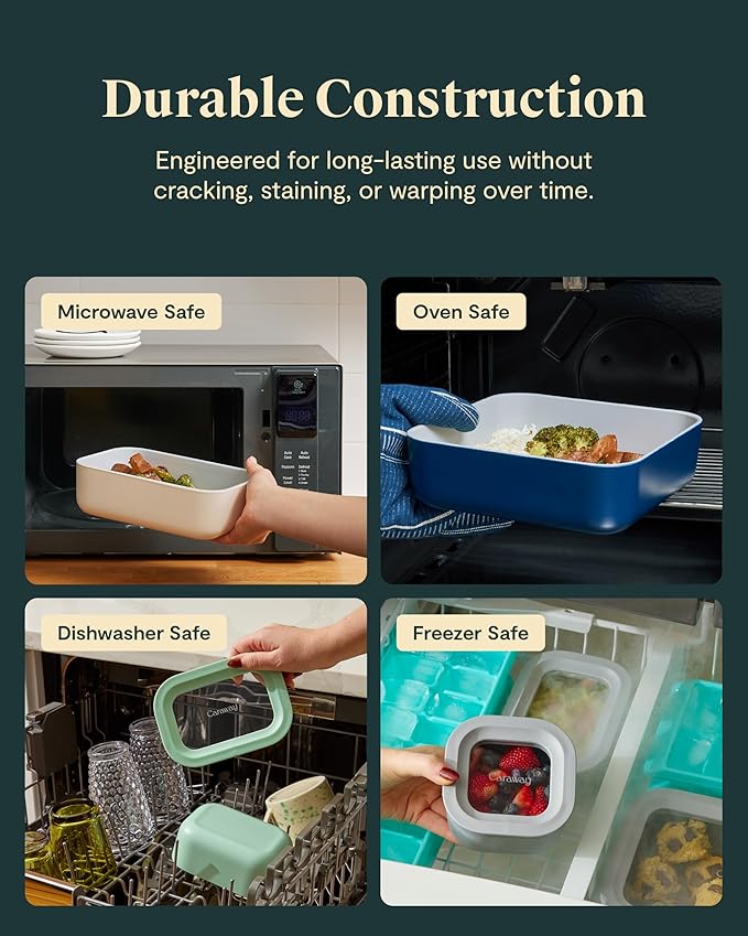 Caraway 6pc Glass Food Storage Set – 4.4 Cup Food Containers (6) - Ceramic Coated - Non Toxic, Non Stick with Lids - Microwave Safe - Gray