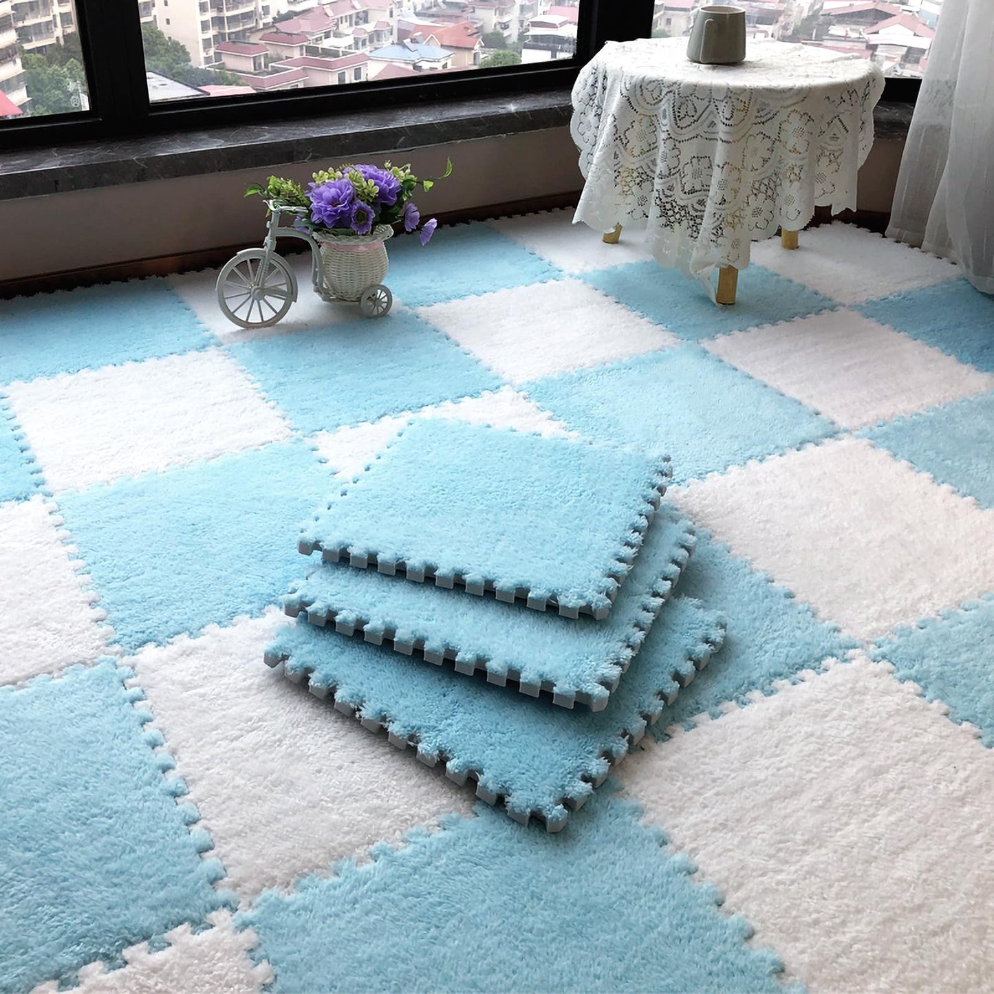 easycustomerlee 12pcs Interlocking Carpet Shaggy Soft EVA Foam Mats Fluffy Rugs Protective Floor Tiles Play Mats for Children Kids Room Home Parlor Bedroom(Lightblue)
