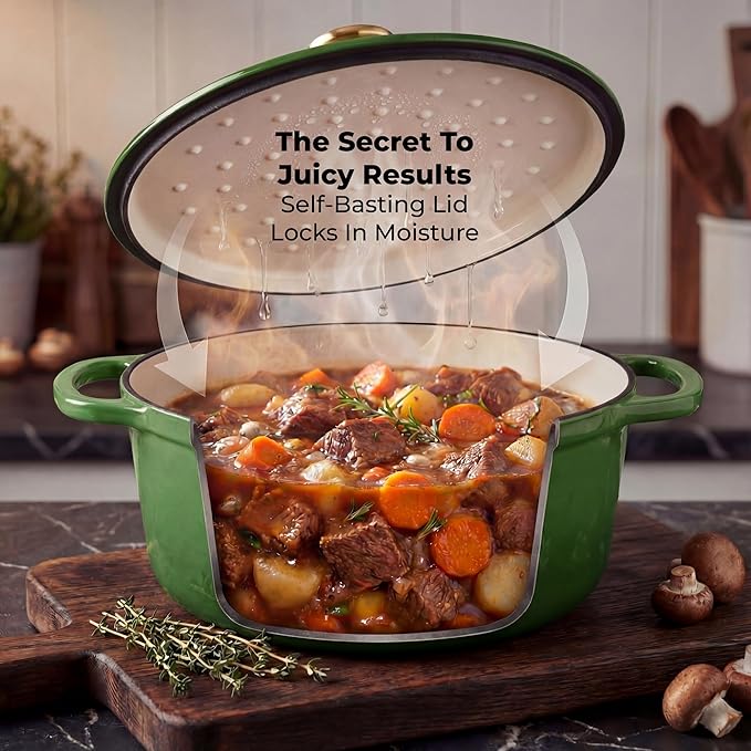 Zulay Kitchen 6 Quart Enameled Cast Iron Dutch Oven Pot with Lid – Premium Durability & Oven Safe up to 500°F – Heavy Duty Cookware Perfect for Bread Baking, Stews, Braising & Roasting - Green