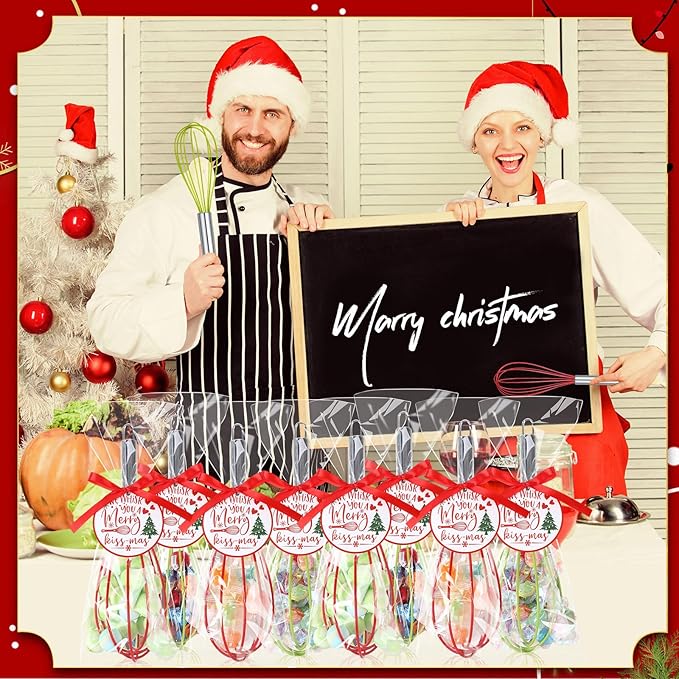 36 Sets 8 Inch Christmas Whisks Gifts DIY Fillable Christmas Tree Ornaments Xmas Colored Silicone Whisks for Cooking Heat Resistant Egg Beaters with Card Rope Bag for Candy Holder