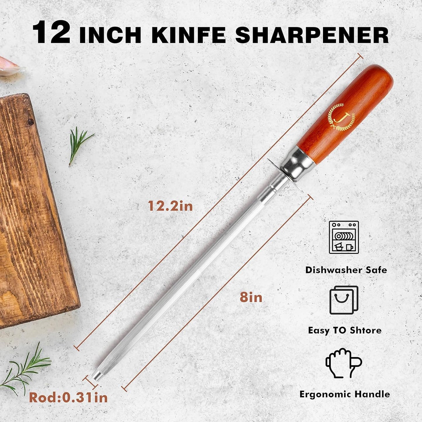Knife Sharpener Rod, Kitchen Knives Sharpener Carbon Steel Professional Knife Sharpening Steel, Honing Rod with Hanging Holes (13 inches), J