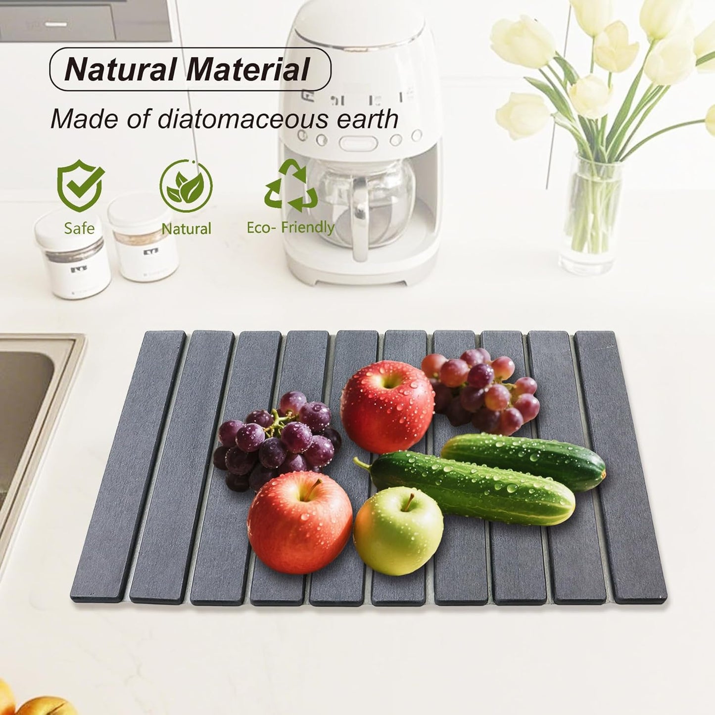 Large Stone Drying Mat for Kitchen Counter Diatomaceous Earth Collapsible 24”（L）*16”（W）Super Heat Resistant Mats, Quick Absorbent Dish Drying Rack（Spotted pattern）