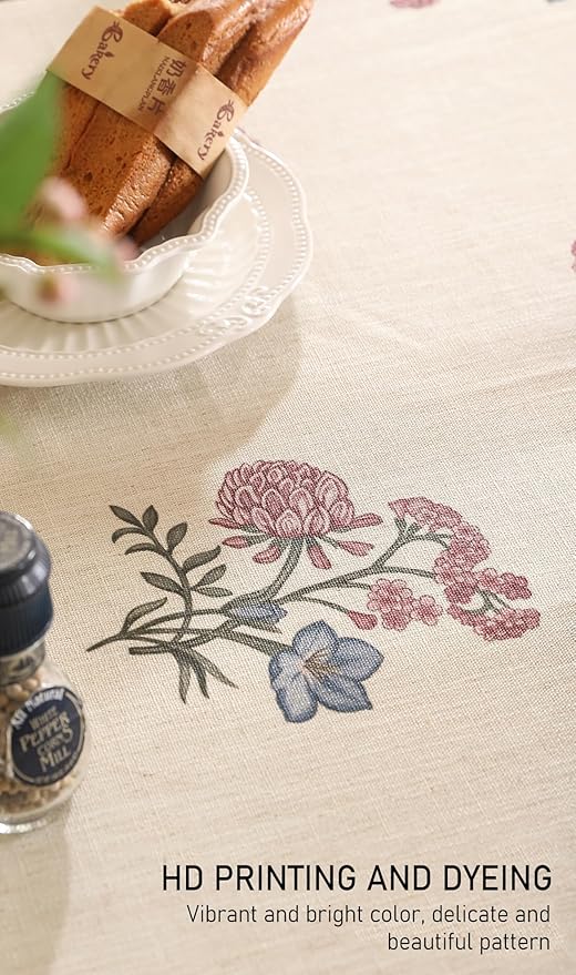 ISAENNE Designer Linen Light Beige Small Rectangle Tablecloth,French Colorful Floral Table Cloth,Stain Resistant Decor Tablecloths for Dining Thanksgiving Christmas Kitchen,55"*71"-Helena E