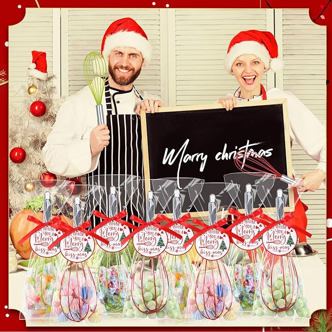 36 Sets 12 Inch Christmas Whisks Gifts DIY Fillable Christmas Tree Ornaments Xmas Colored Silicone Whisks for Cooking Heat Resistant Egg Beaters with Card Rope Bag for Candy Holder