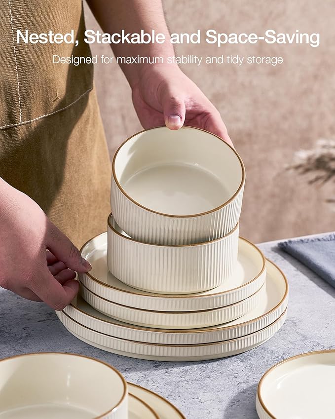 Famiware Star 24-Piece Stoneware Dinnerware Sets with Trim, Service for 8 - Ceramic Plates and Bowls Set, Ribbed Dishes with High Edge, Chip & Scratch Resistant, Microwave & Dishwasher Safe, Cream