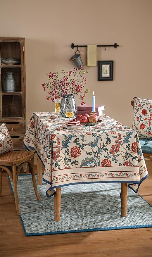 patdrea Designer Vintage Linen Tablecloth for Rectangle Table,French Soft Durable Floral Tablecloths,Colorful Table Cover for Kitchen Dining,Parties,Christmas,Thanksgiving,Party,55"x87"-Puno