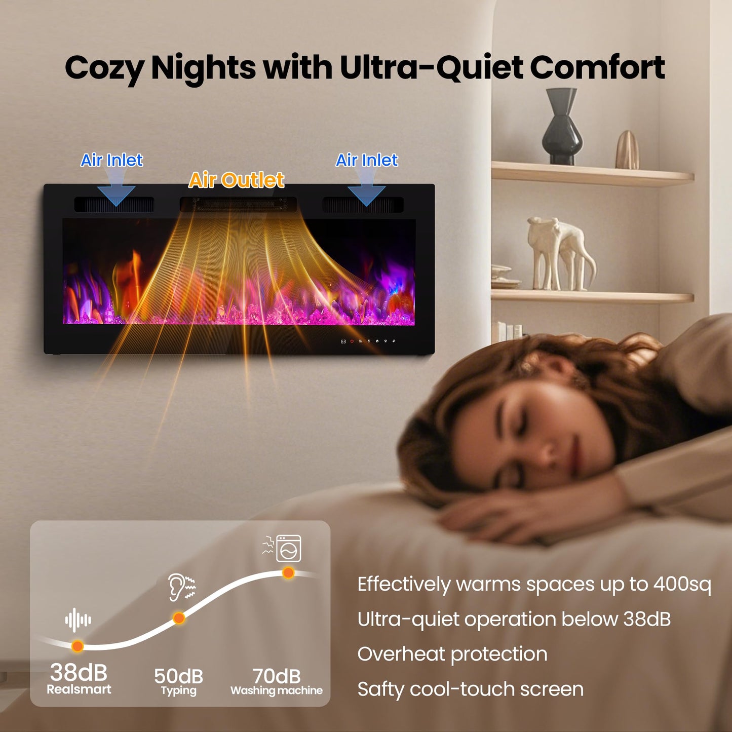 Electric Fireplace Inserts 42 Inch Wide, RealSmart Wall Mounted Fireplace 750W/1500W in-Wall Recessed Heaters with Remote Control, Timer, 12 Adjustable Color Flame & Brightness, Touch Screen