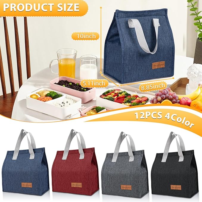 VZZNN 12 Pack Lunch Bags Bulk,Insulated Reusable Lunch Bags with Aluminum for Women Men,Leakproof Tote Large Lunch Box for Office,Work,Beach or Travel(Red)