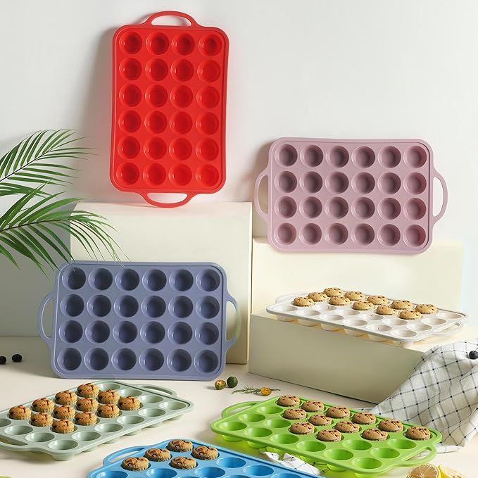 2 Packs 24 Cups Silicone Muffin Pan with Metal Reinforced Frame Mini Size Cupcake Pan Tray Egg Bites Silicone Circle Cookie Molds Muffin Tin Tart Pans Baking Sheet Set for Breakfast Sandwiches