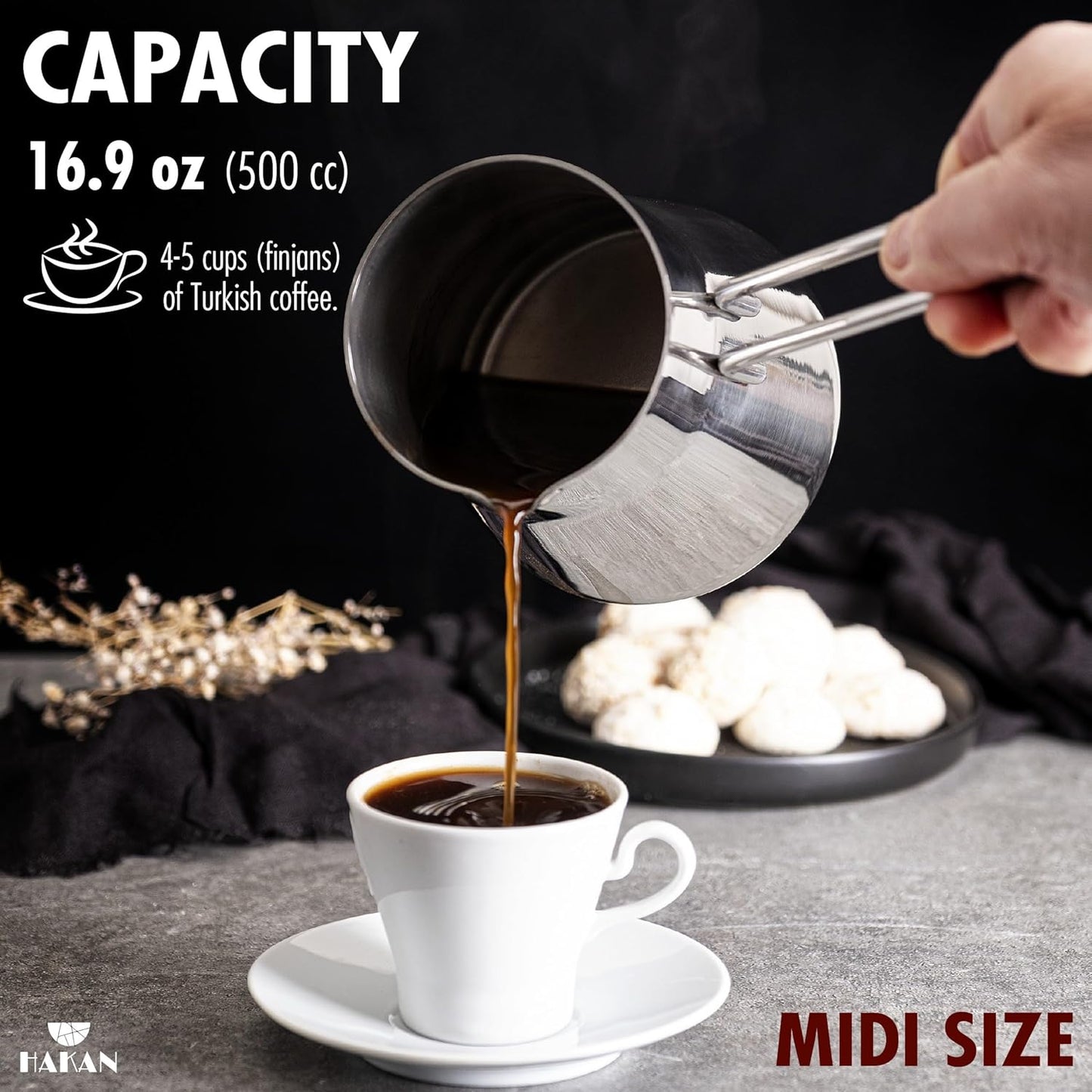 Hakan Topkapı Stainless Steel Turkish Coffee Pot, 16.9 Oz, 500 cc Midi Greek Arabic Coffee Maker with Spout, Stove Top Coffee Maker in Box, Milk Warmer with Handle, Chai Pot Cezve, Ibrik, Briki
