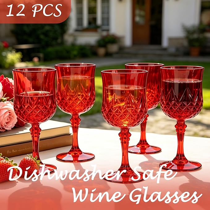 Plastic Wine Glasses, Plastic Goblets Vintage Style Cordial Unbreakable Drinking Glasses, Reusable Drinkware for Wedding Reception, Grand Event Party Supplies,Mother's Day (12, Red)