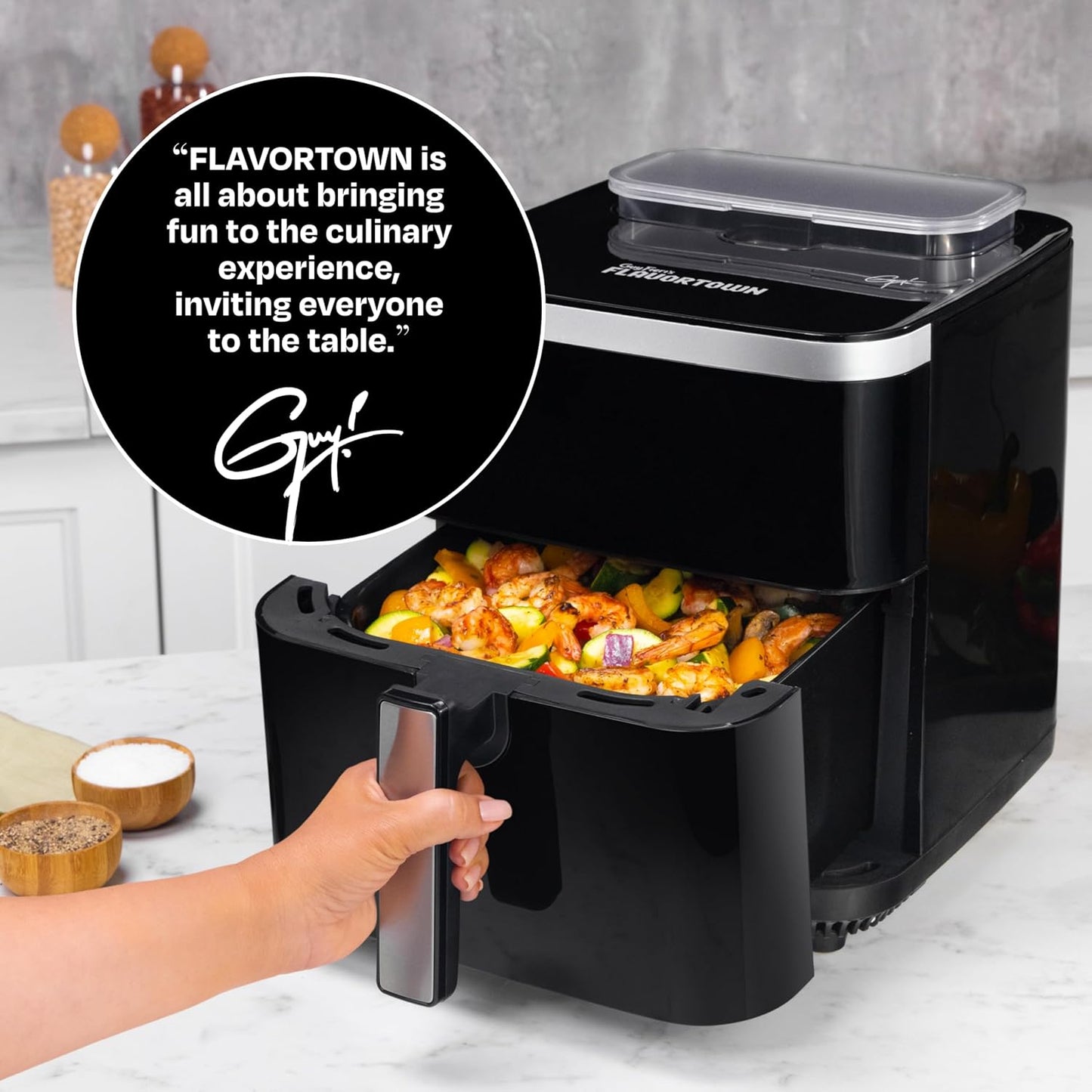 Guy Fieri's Flavortown 6.5 Quart Steam Air Fryer with Moisture Lock Technology – Programmable Steamer and Air Fryer Combination, Temperature Control, 10-Presets, 1700 Watts