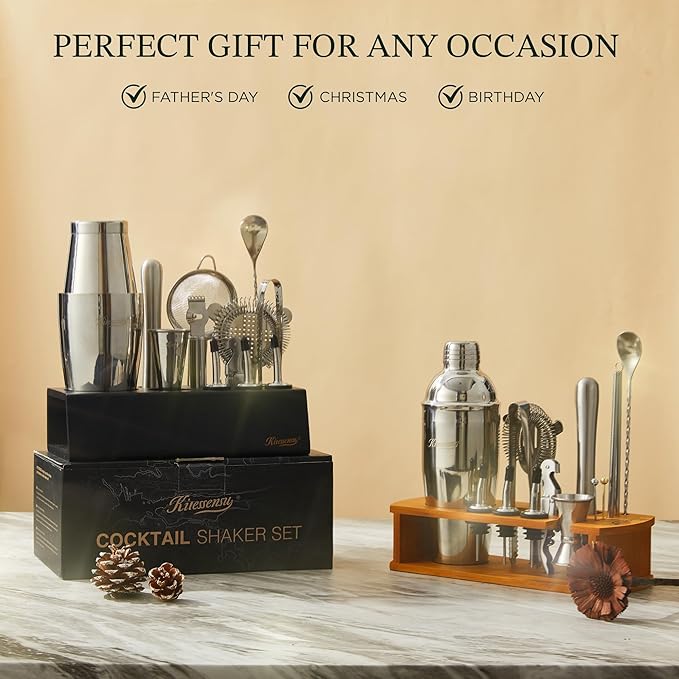 KITESSENSU Boston Shaker Set Mixology Bartender Kit | Premium Cocktail Shaker Kit with Stand Professional Home Bar Tools Accessories: Martini Shaker, Citrus Tools, Fine Mesh Strainers, Muddler, Jigger