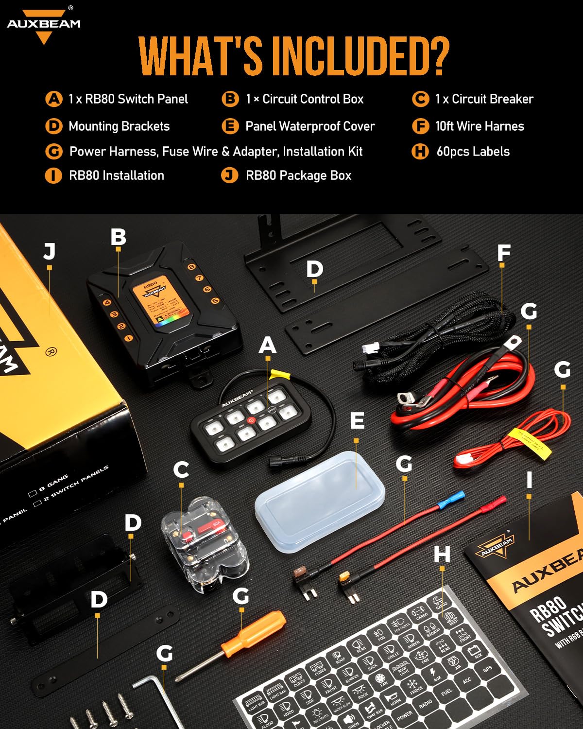 Auxbeam 8 Gang Switch Panel RB80 Toggle Momentary Pulsed RGB Dimmable Switch Panel Multifunction Panel Two Sided Output Marine Switch Panel IP65 Waterproof for Car Boat RV, 2 Years Warranty