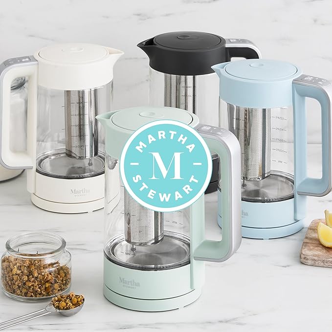 Martha Stewart  Electric  Kettle with Removable Stainless Steel Tea Infuser, Glass Carafe 1.7L (7 Cups), Hot Water Boiler, 4 Presets, Keep Warm & Auto Shut-Off, Cordless 360° Swivel Base, Caviar Gray