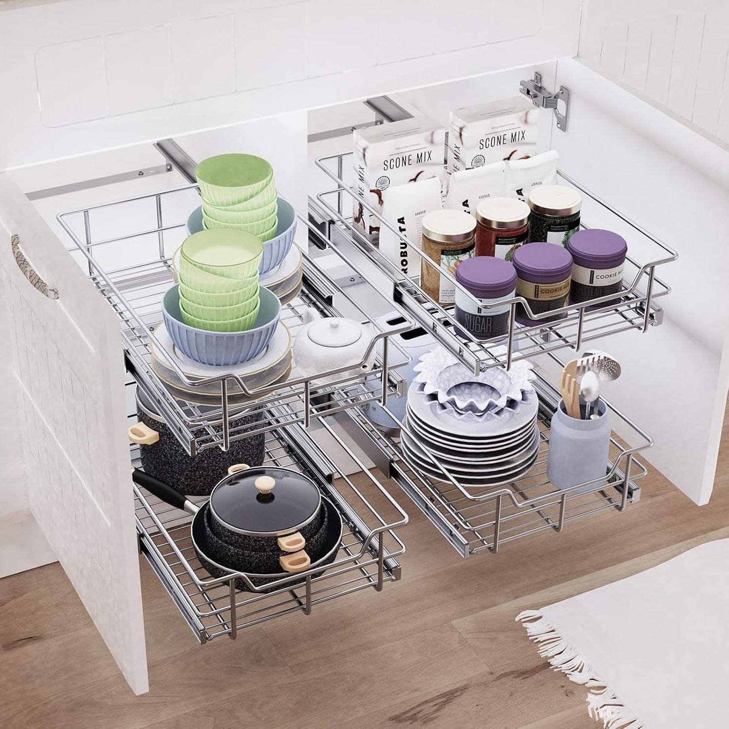 Pull Out Cabinet Organizer 11" W X 17" D, Slide Out Drawers For Kitchen Organizers and Storage, Pull Out Drawers For Cabinets Capacity Heavy Duty Caddy, Cabinet Shelves Chrome-Plated, Bathroom Pantry