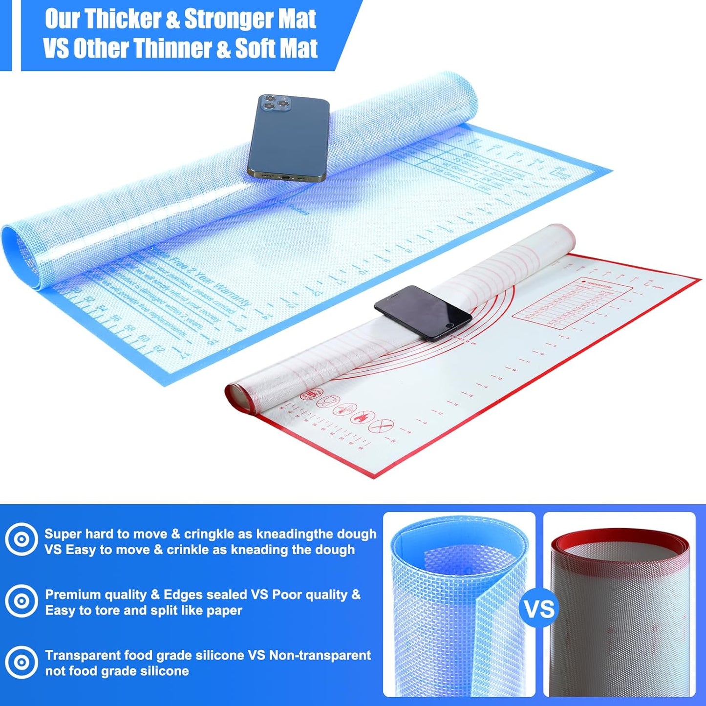 Non-slip Silicone Pastry Mat 34X26 inches Baking Mat with Measurement, Perfect for Dough, Pastry, Pie Crust, Fondant, Cookies, Bread, Pasta, Pizza, Food Grade Kitchen Counter Mats