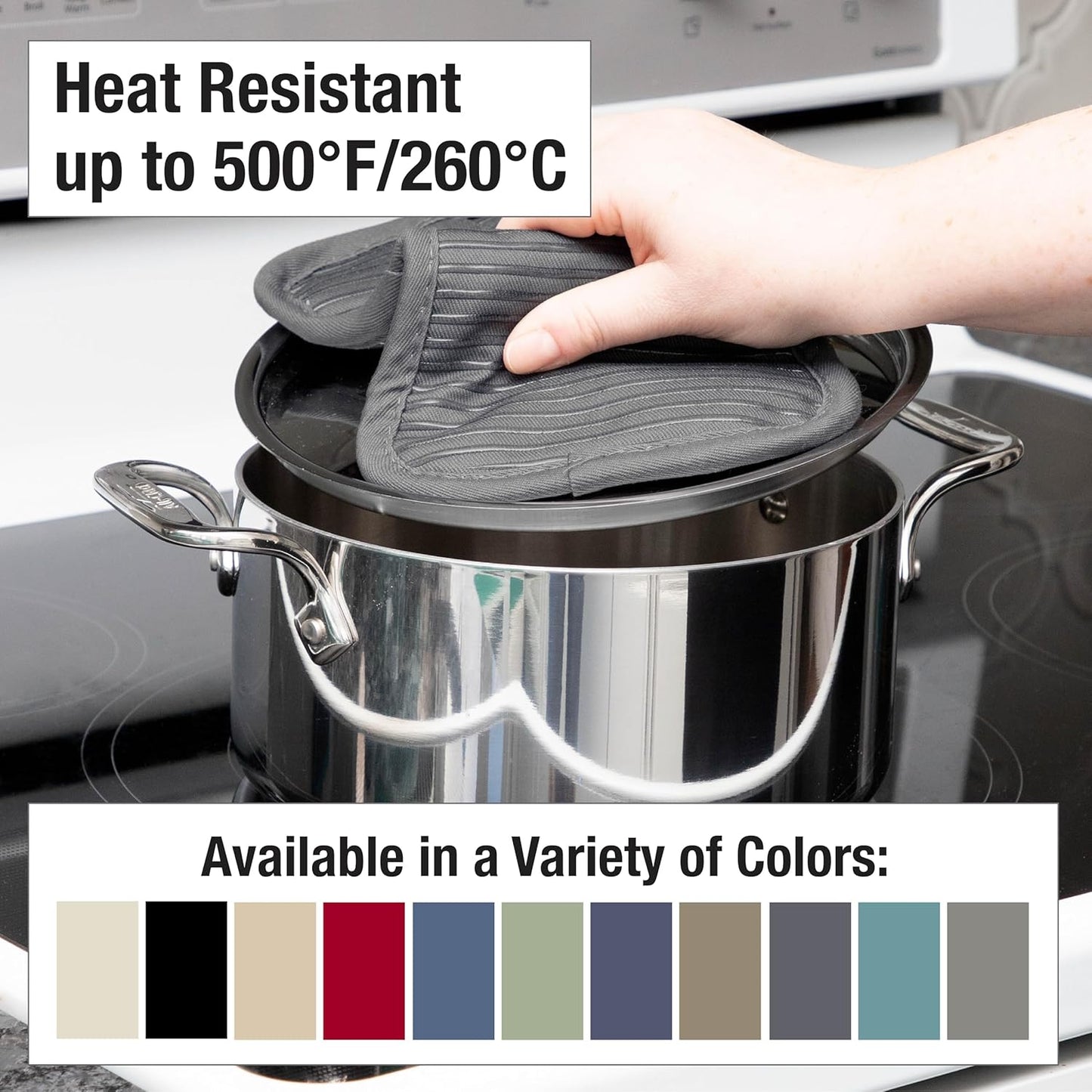 All-Clad Premium Pot Holder & Heating Pad, (2-Pack) Heat Resistant to 500 Degrees, 100% Cotton 10"x6.25" for Kitchen and Barbeque, Pewter