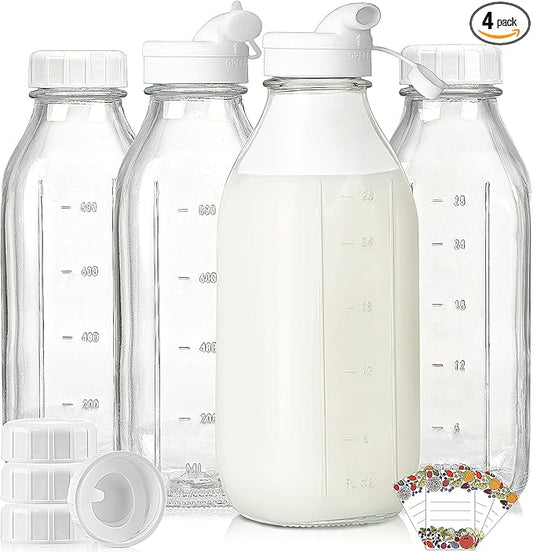 4 Pack 1 Liter Glass Milk Bottles w Scale, 100% Airtight Heavy Duty Screw Lid - 32 Oz Drinking Jars w 2 Pour Spouts - Glass Bottles for Milk, Honey, Jam, Creamer - Dishwasher Safe(Extra 2 Lids)