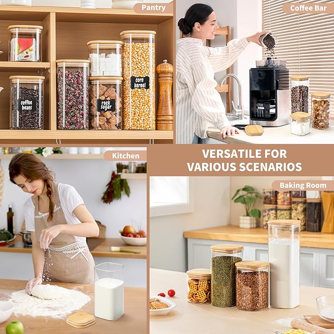 SENTVEND 51 Oz Glass Storage Jars with Bamboo Lids - 3 Pack Clear Glass Canisters Square Airtight Stackable Ideal for Pantry Storage Containers Great for Storing Oats Coffee Beans Pasta Flour Rice etc