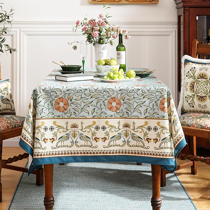 patdrea Designer French Linen Blue Tablecloth for Rectangle Table,Vintage Floral Table Cloth,Colorful Decoration Fall Cover Kitchen Dining for Thanksgiving,Tea Party,Christmas,63"x94"-Wensel