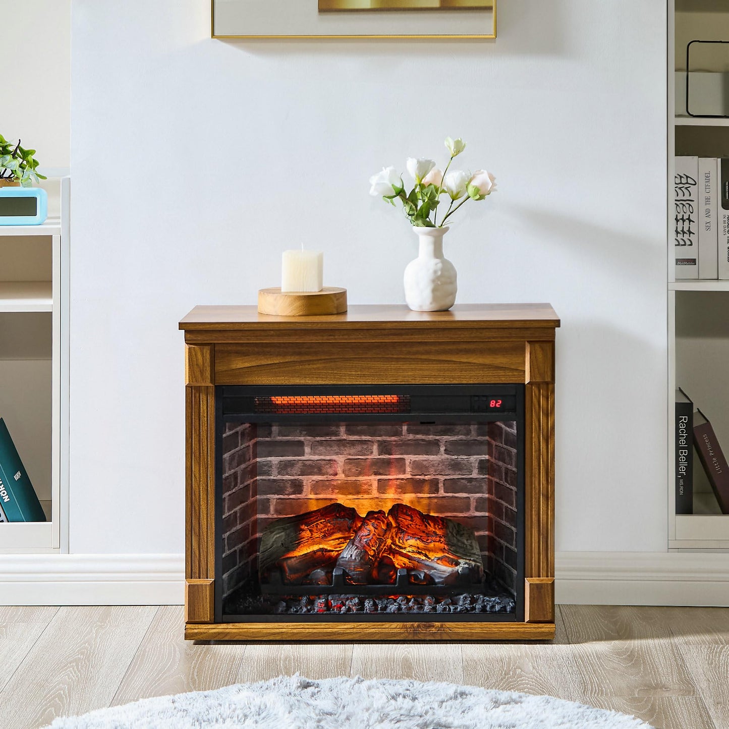 SOFTSEA 28" Electric Fireplace Heater Mantel with Removable Caster Wheel, TV Media Entertainment Center with Electric Fireplace and Remote Control, 4 Adjustable Brightness, 1500W Heater, Dark Oak