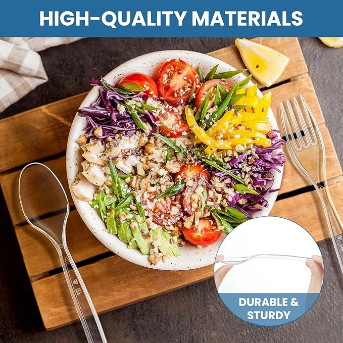 [600 Count] Clear Plastic Utensils 600 clear plastic forks and spoons Disposable 300 Forks and 300 Spoons Silverware Bulk Forks and Spoons Bulk Heat Resistant Heavy Duty Silverware