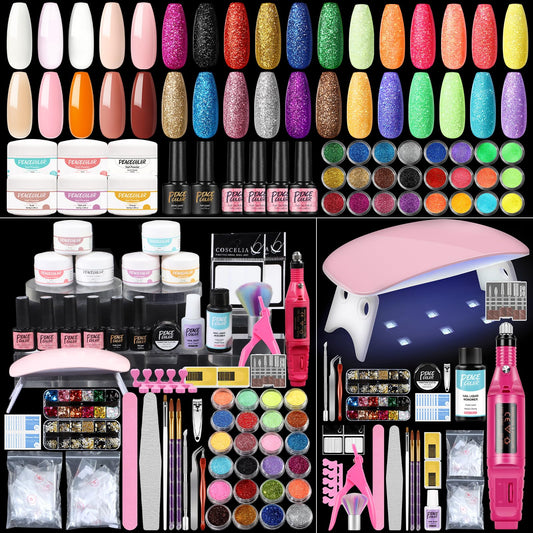 Peacecolor Acrylic Nail Kit with Everything 6 Colors Professional Acrylic Powder 4 Colors Gel Nail Polish Set for Beginners with Drill and U V Light 24Pcs Glitter Decoration Powder Home Salon DIY