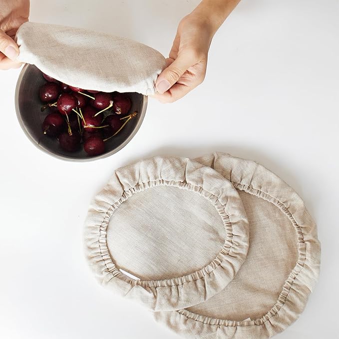 100% Pure Linen Bowl Covers For Bread Proofing, 2 Pcs 8 Inches Elastic Reusable Solid Color Cloth Fabric Bowl Covers,Small Organic Washable Large Stretch Sourdough Lids, Linen