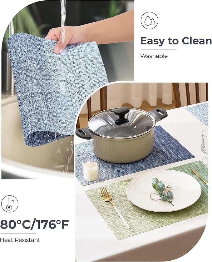 Leetaltree Gradient Blue Woven Placemats Set of 12 - Heat Resistant Non-Slip Place mats for Dining Table, Washable Durable PVC Vinyl Woven Table Mats(Gradient Blue, 12)