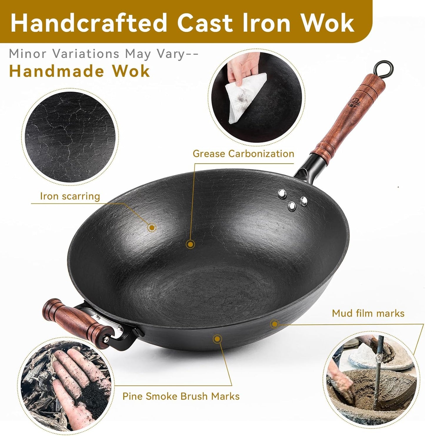 WANGYUANJI Cast Iron Wok,12.59 inch Flat Bottom Wok with Glass Lid,Suitable for All Cooktops, Uncoated Craft Pot Healthy Cooking Pot