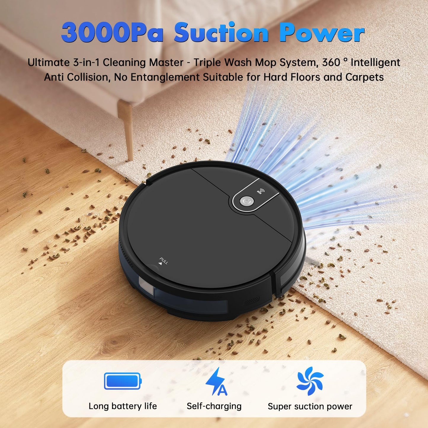 ATTELL Robot Vacuum and Mop Combo,3000Pa Max Suction,120 Mins Runtime,2 in 1 Mopping Robot Vacuum Cleaner,Wi-Fi/App/Remote,Self-Charging,for Pet Hair,Hard Floors and Low Pile Carpet,Black