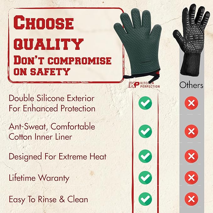 KITCHEN PERFECTION XL Silicone Oven & Griddle Gloves -Extreme Heat Resistant BBQ & Grilling Gloves -Handle Hot Food Right on Your Griddle |Waterproof Oven Mitts Grill Gloves |Superior Set+3 Bonuses