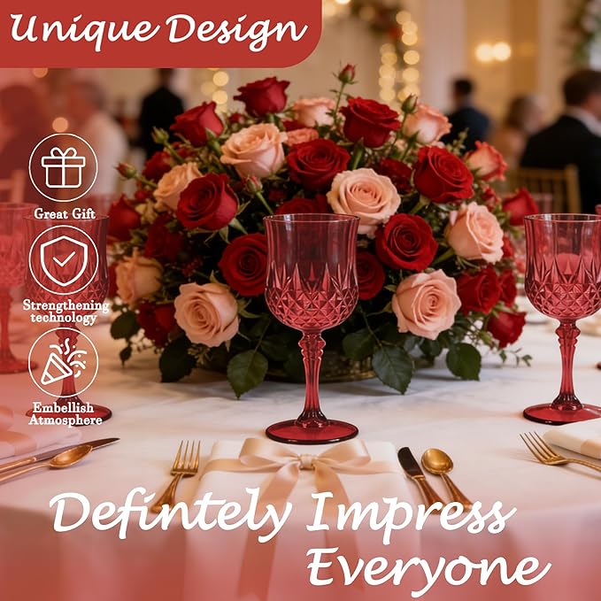 Plastic Wine Glasses, Plastic Goblets Vintage Style Cordial Unbreakable Drinking Glasses, Reusable Drinkware for Wedding Reception, Grand Event Party Supplies, Mother's Day (24, Burgundy)