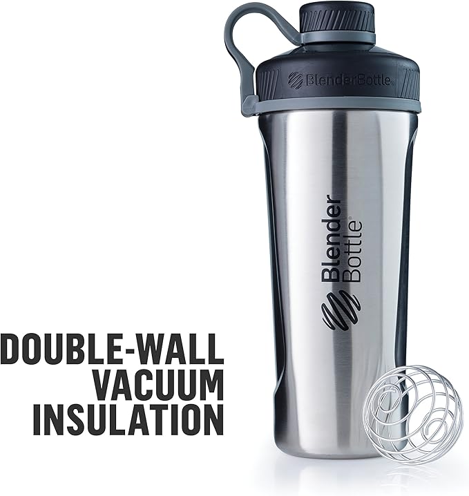BlenderBottle Radian Shaker Cup Insulated Stainless Steel Water Bottle with Wire Whisk, 26-Ounce, Matte White