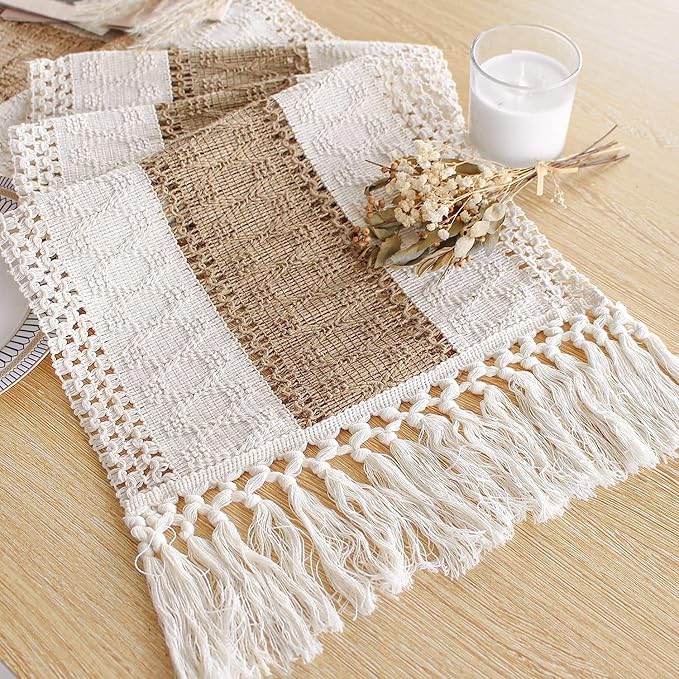 FEXIA Boho Table Runner for Thanksgiving Home Decor with Tassels 36 Inches Long Farmhouse Rustic Table Runner Cream & Brown Macrame for Boho Dining Bedroom Decor Rustic Bridal Shower (12x36 Inches)