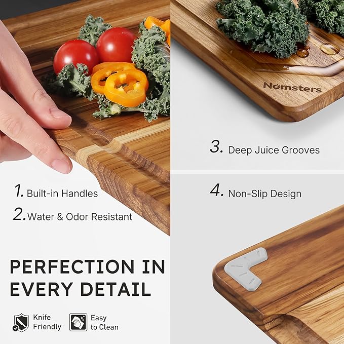 3 Pack Teak Wood Cutting Board Set Non Slip Over Sink Charcuterie Board Serving Heavy Duty Non Toxic Wooden Chopping Board Thick Haus Easy-Grip Handles Ideal Kitchen Gift for Home Cooks