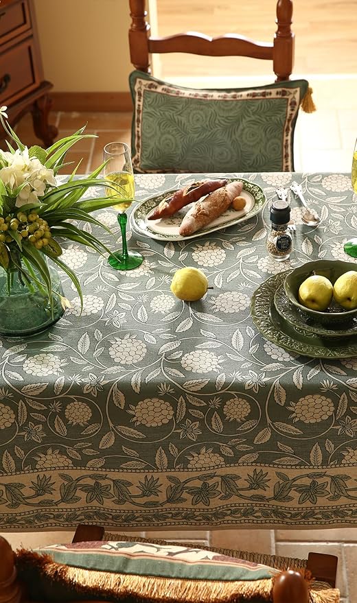 ISAENNE Designer Grayish Green Linen Long Rectangle Tablecloth,Floral Stain Resistant Table Cloth,Fall Vintage Decor Tablecloths for Dining Thanksgiving Kitchen Party,63"*102"-Andrew A