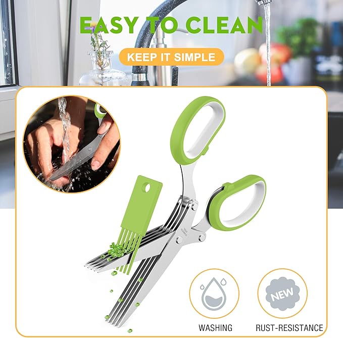 Herb Scissors Set - Updated 2025 Cool Kitchen Gadgets for Cutting Fresh Garden Herbs - Herb Cutter Shears with 5 Blades and Cover, Sharp and Anti-rust Stainless Steel, Dishwasher Safe (Green-White)
