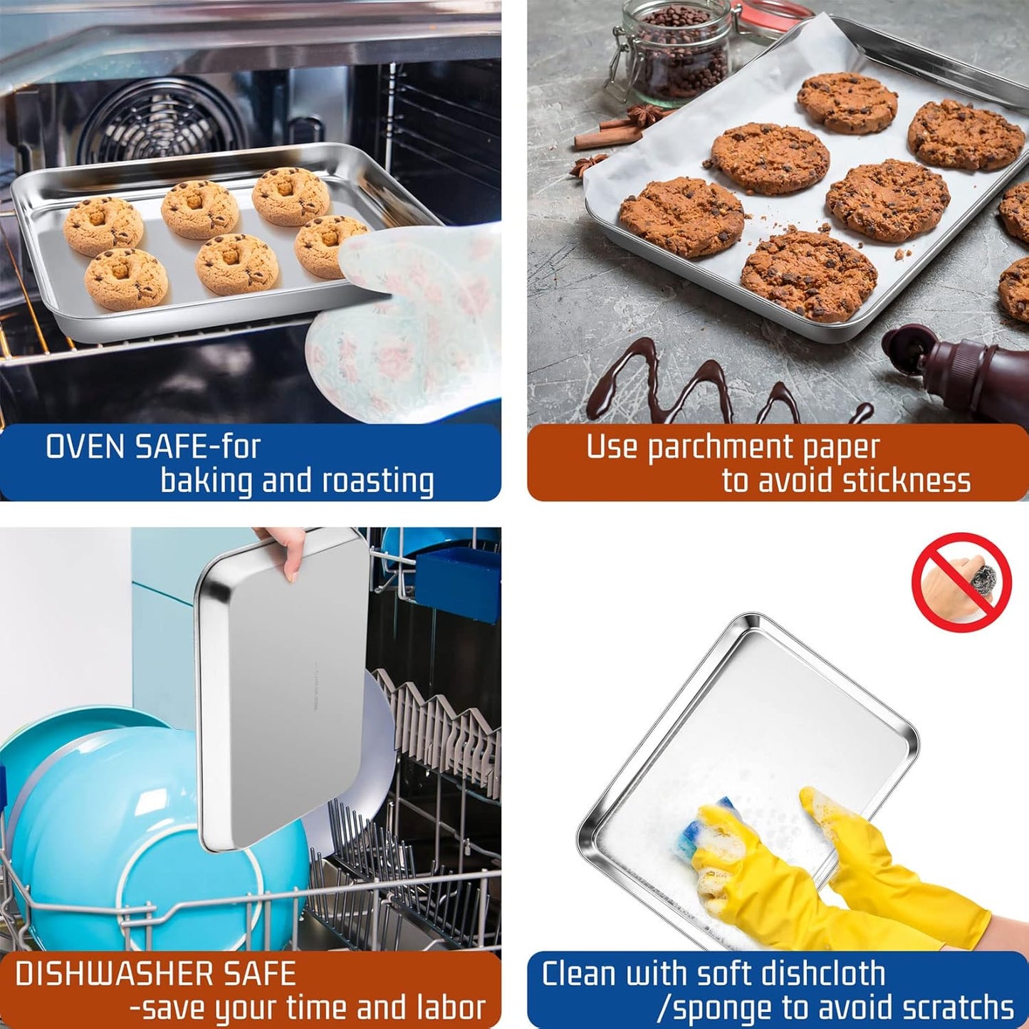 P&P CHEF 10.5 Inch Baking Cookie Sheet, Oven Pan Tray Stainless Steel Sheet Pan for Kitchen, Oven Bakeware for Multi Uses, Shiny Look & Dishwasher Safe, Healthy & Heavy Duty, 2Pcs