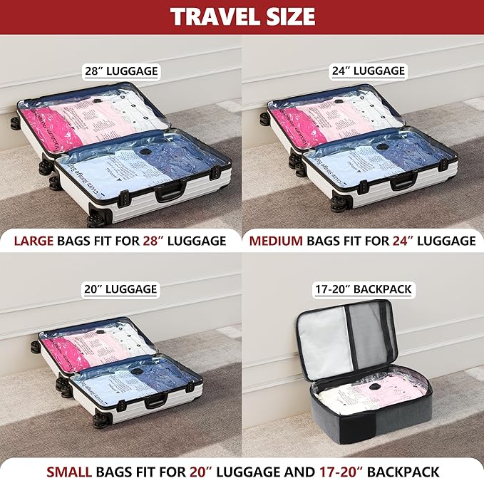 SUOCO Travel Vacuum Bags for Luggage with Portable Electric Pump, 8 Large Packing Seal Bags for Clothing Suitcase Backpack, Space Saver Compression Clothes Storage Bags