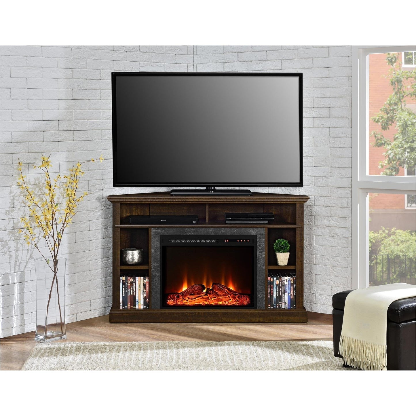 Ameriwood Home Overland Corner Fireplace TV Stand for TVs up to 50 Inch, Replaceable Electric Fireplace Insert Heater, Remote Control, Timer, Realistic Log and Flame Effect, Espresso