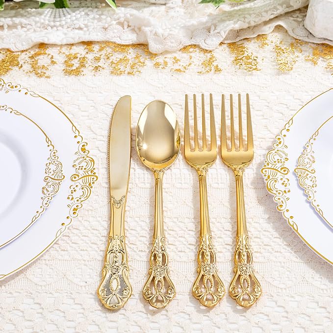200PCS Gold Plastic Silverware - Heavy Duty Elegant Disposable Utensils - Gold Plastic Cutlery Set Includes 100Forks, 50Spoons, 50Knives for Dinner, Parties, Weddings