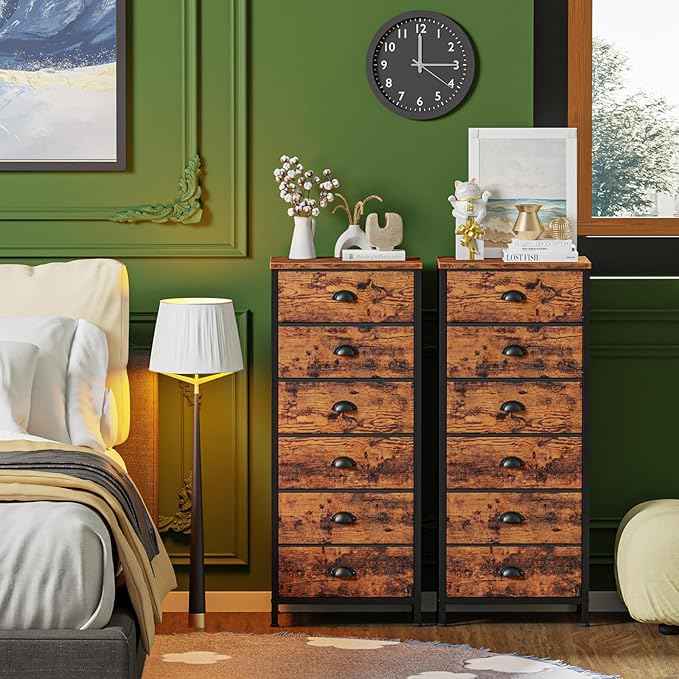 Furnulem Tall Dresser with 6 Drawers,Vertical End Table and Nightstand for Bedroom,Industrial Dorm Bedside Furniture with Fabric Storage Drawer Organizer in Living Room,Closet,Entryway(Rustic Brown)