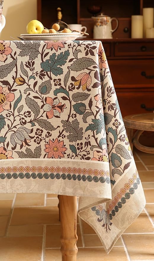 ISAENNE Designer Boho Floral Long Rectangle Tablecloth,Linen Lotus Flower Pattern Colorful Indoor Table Cloth,Durable Decor Tablecloths for Dining Thanksgiving Kitchen Christmas,63"*102"-Hazel A