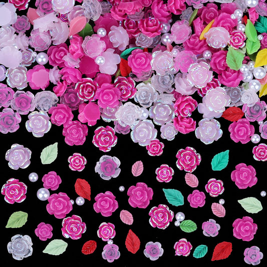 Sinyanail 3D Flower Nail Charms Set,150pcs Mixed Size Camellia Rose Resin Charms,150pcs Mixed Size and Color Leaves,100pcs Round White Pearl Beads for Nail Accessories Nail Art (8-Camellia Rose)