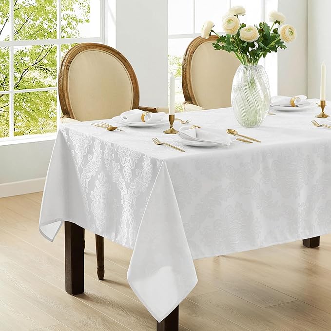 Newbridge Barcelona Luxury Damask Fabric Tablecloth, 70” Extra Wide x 144” Rectangle, White, 100% Polyester, No Iron, Soil Resistant Dining Room, Party and Banquet Table Cover