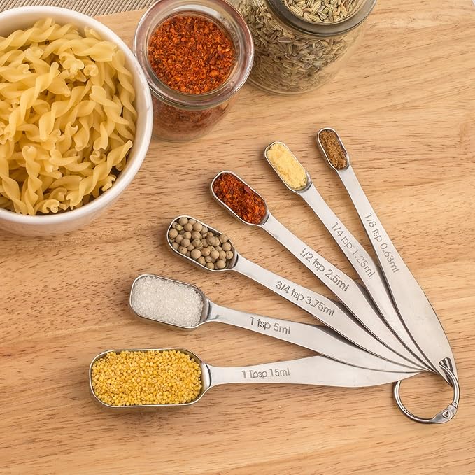 Accurate 18/8 Stainless Steel Measuring Spoons, Heavy Duty Good Handle Set of 6 Measuring Spoon with Ring Connector, Silver