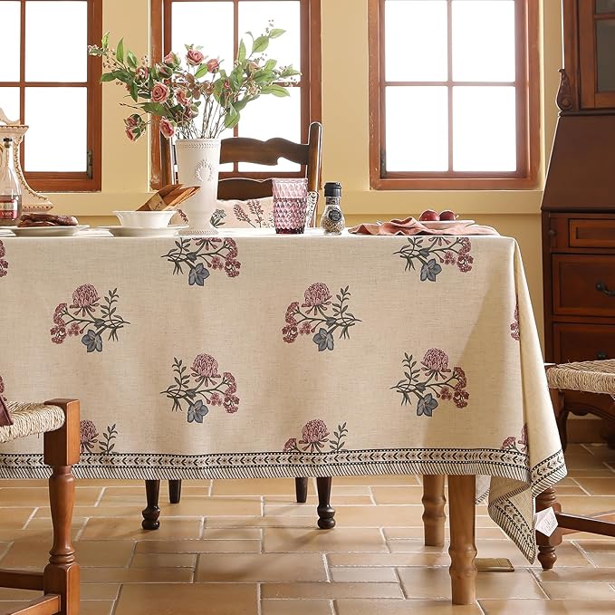 ISAENNE Designer Linen Light Beige Long Tablecloth Rectangle,French Colorful Floral Table Cloth,Stain Resistant Decor Tablecloths for Dining Thanksgiving Christmas Kitchen,63"*94"-Helena E